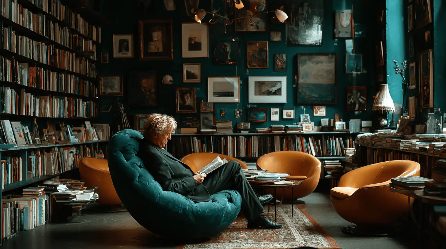 A man in his late thirties, dressed as an art connoisseur with short hair and a blond mustache, is sitting on the blue-green armchair reading a book